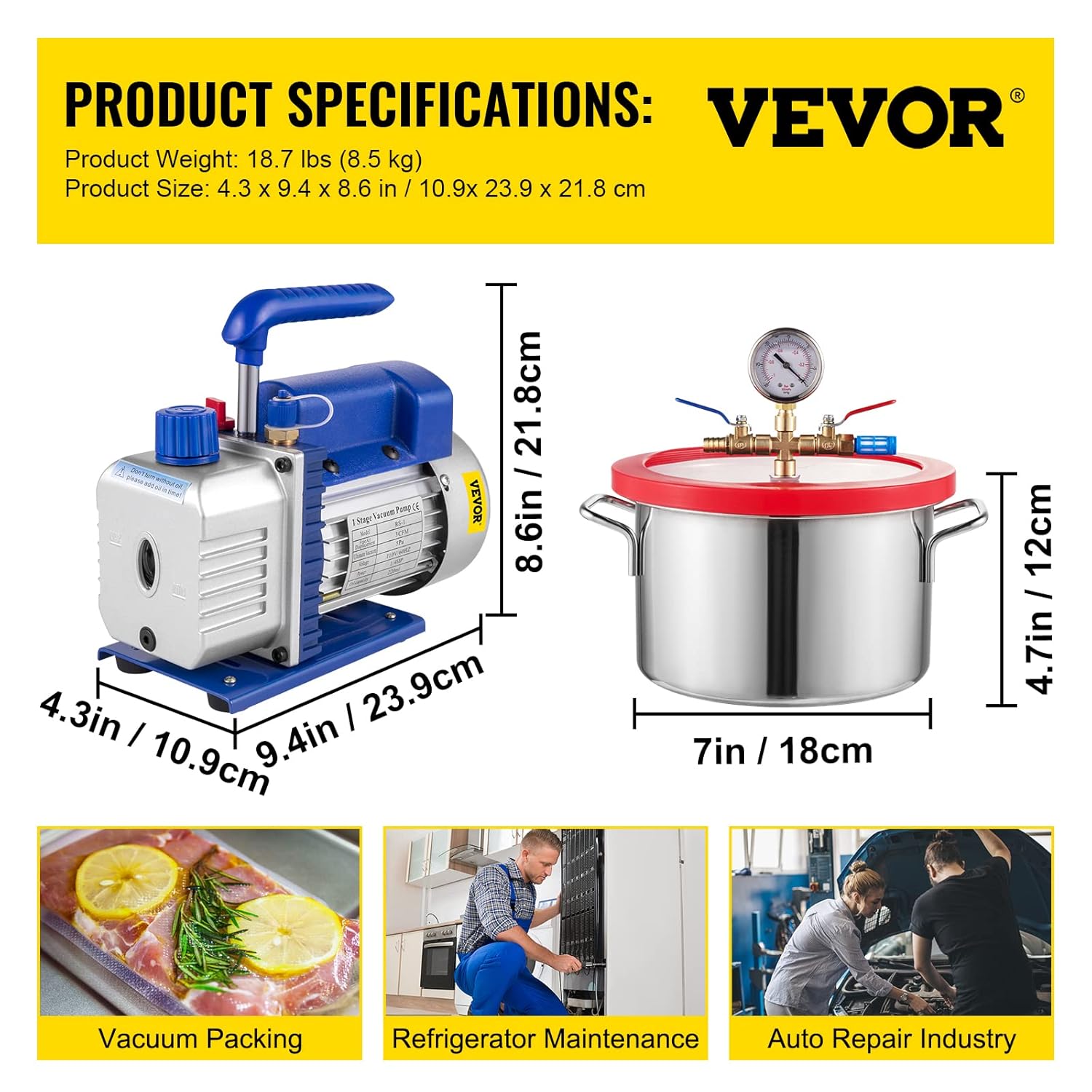 VEVOR 3CFM Vacuum Pump Single Stage 3CFM HVAC Vacuum Pump 3CFM 1/4HP Vacuum Pump Air Conditioning with 1 Gallon Vacuum Degassing Chamber Vacume Chamber and Pump