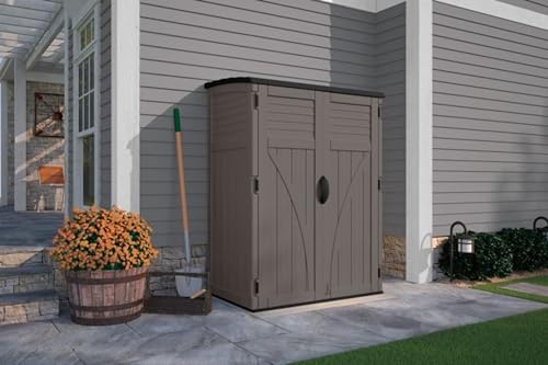 Suncast 54 Cubic Ft. Vertical Resin Outdoor Storage Shed with Lockable Double Doors, Weather-Resistant Multi-Wall Panels, Customizable Shelving, Stoney, Made in the USA
