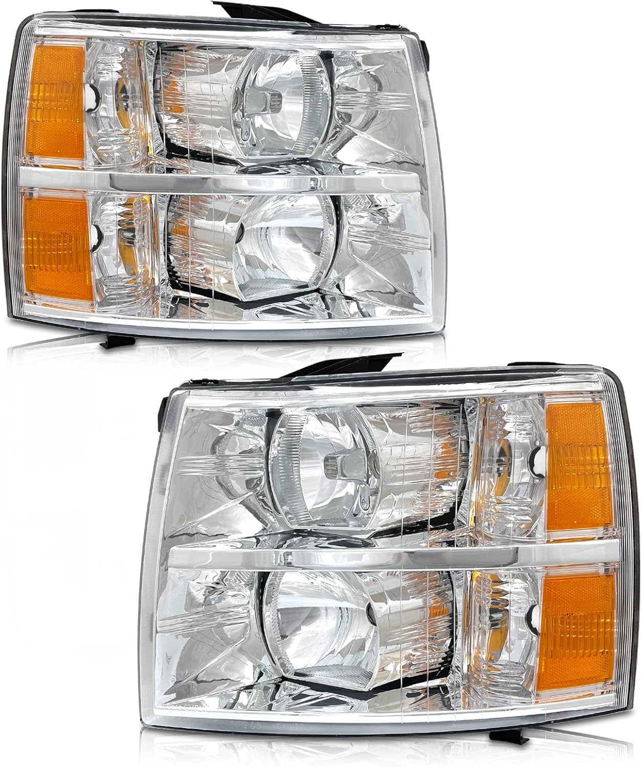 AS Headlight Assembly for 2007-2014 Chevy Silverado 1500 2500HD 3500HD Chrome Housing Amber Reflector Driver and Passenger Side