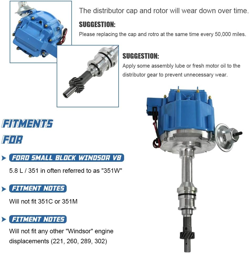 HEI Ignition Distributor for Small Block Ford 351W Windsor 5.8L 8 Cylinder New Distributor 65K Coil with Blue Cap Pack of 2