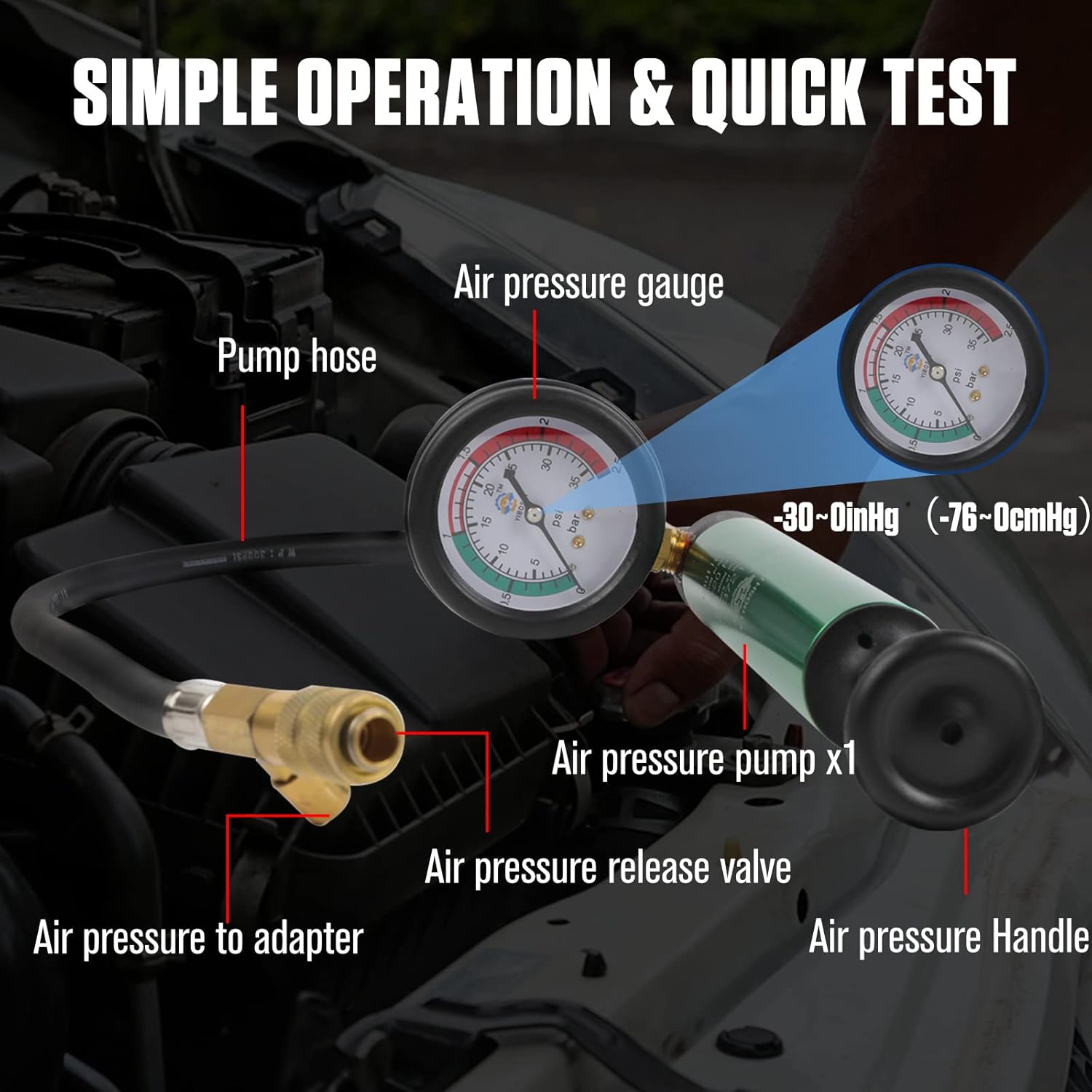 MOTOCOCHE Automotive Radiator Pressure Tester with Universal Rubber Adapter, Vacuum-Type Cooling System Leak Test Kit with American&European Style Air Plug Compatible with BMW VW BENZ