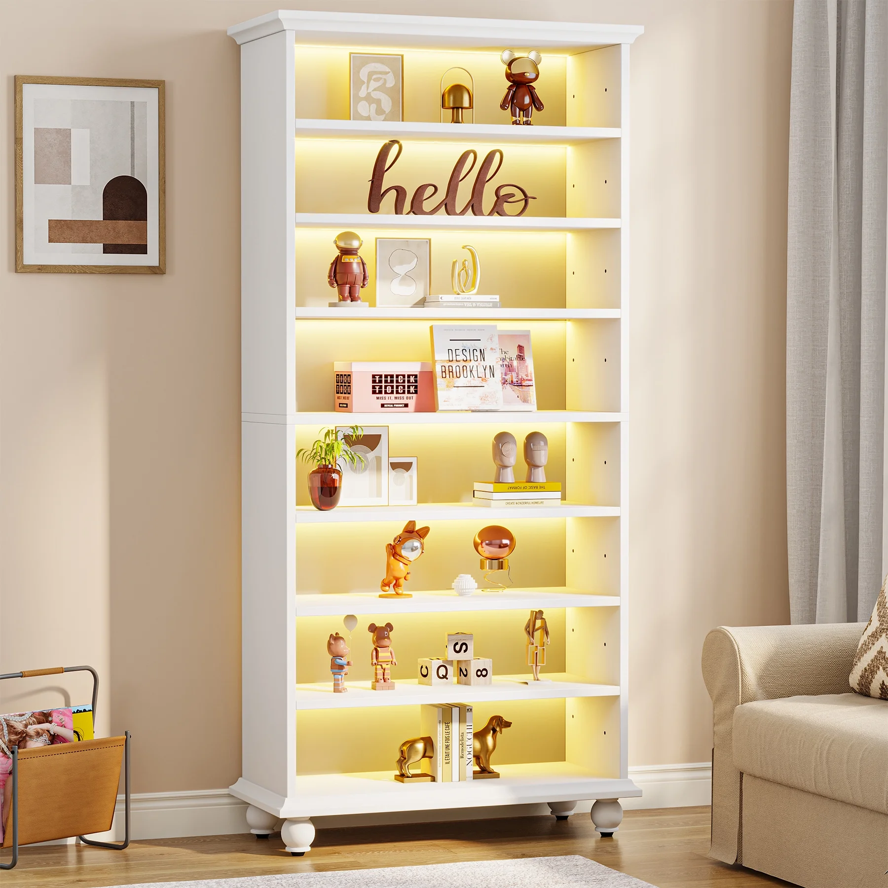 Tribesigns 9 Tiers Bookcase with LED Lighting White Bookshelf with 64 Color Lighting Options - Curated Treasures Market