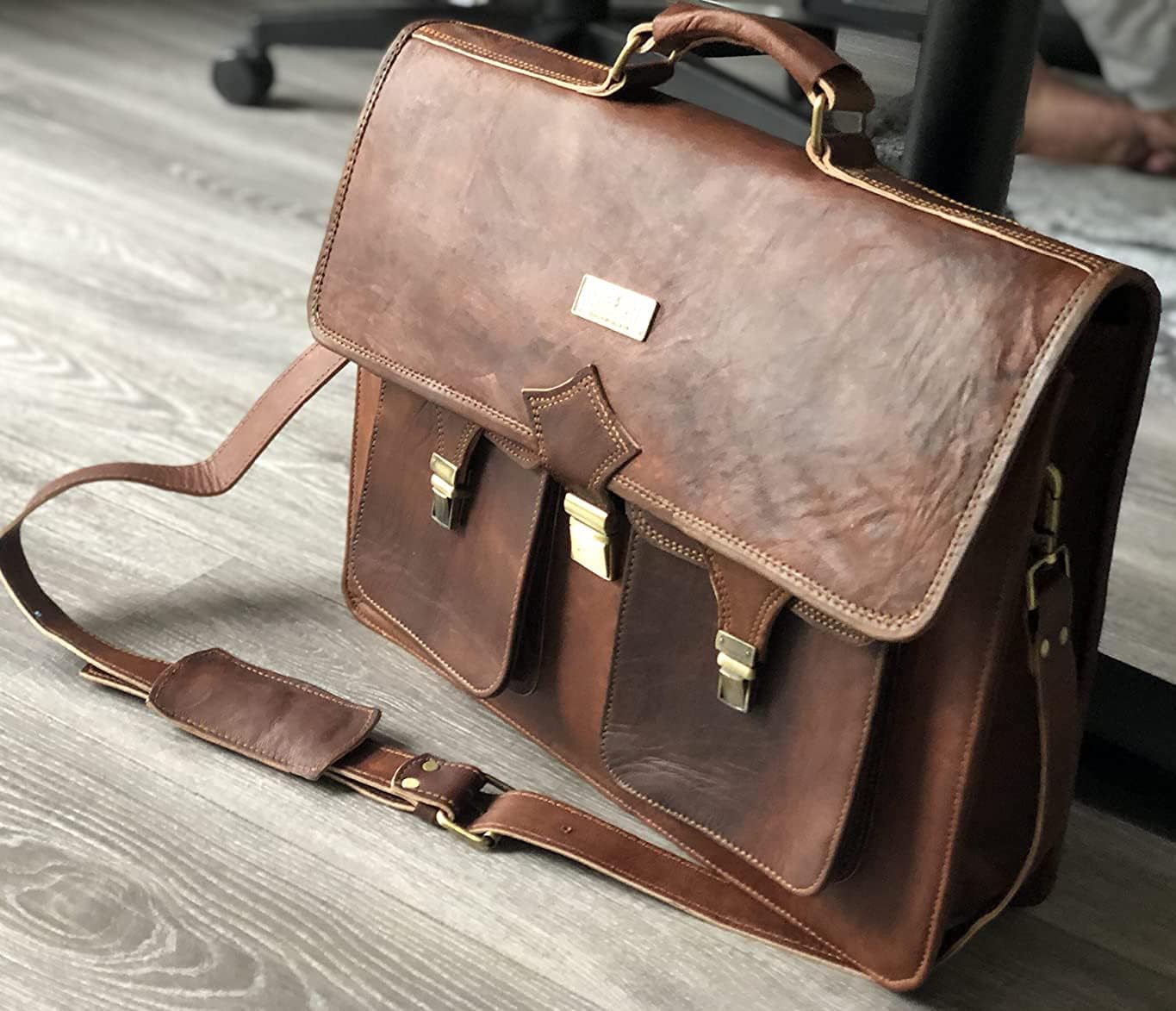 Vintage Leather Laptop Bags for Men Full Grain Large Leather Messenger bag for men 18 inches with rustic look Best leather briefcase by Hulsh