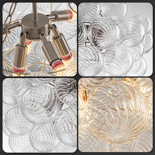 Longree Bubble Glass Globe Chandelier Swirled Ribbed Clear Blown Glass Ball Chandeliers Art Cluster Pendant Lights Dining Table Lighting Fixture for Living Room Bathroom Kitchen Entryway Foyer Bedroom