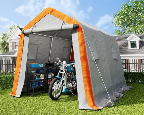 AMERLIFE 10.5x12x8 FT Heavy Duty Portable Shed Storage Shelter, Outdoor Storage Shed with 4 Waterproof Windows & Roll-up Zipper Door, Carport for Motorcycle, Bike, Grey