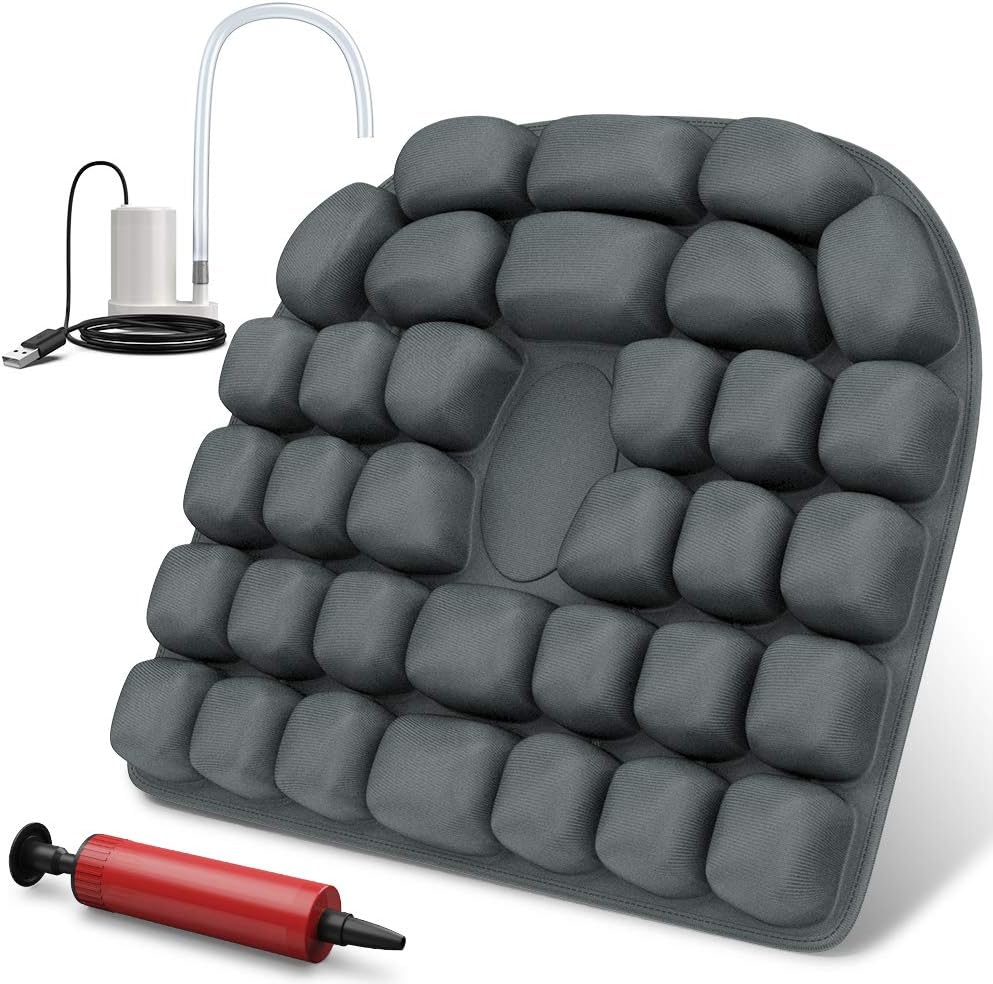 Air Inflatable Seat Cushion Water Injection Chair Pad, 17.7'' x 15.7'' x 1.9'' Portable Breathable Comfort Hemorrhoid Tailbone Pain Relief Cushion Car Seat Office Chair Wheelchair (Grey)