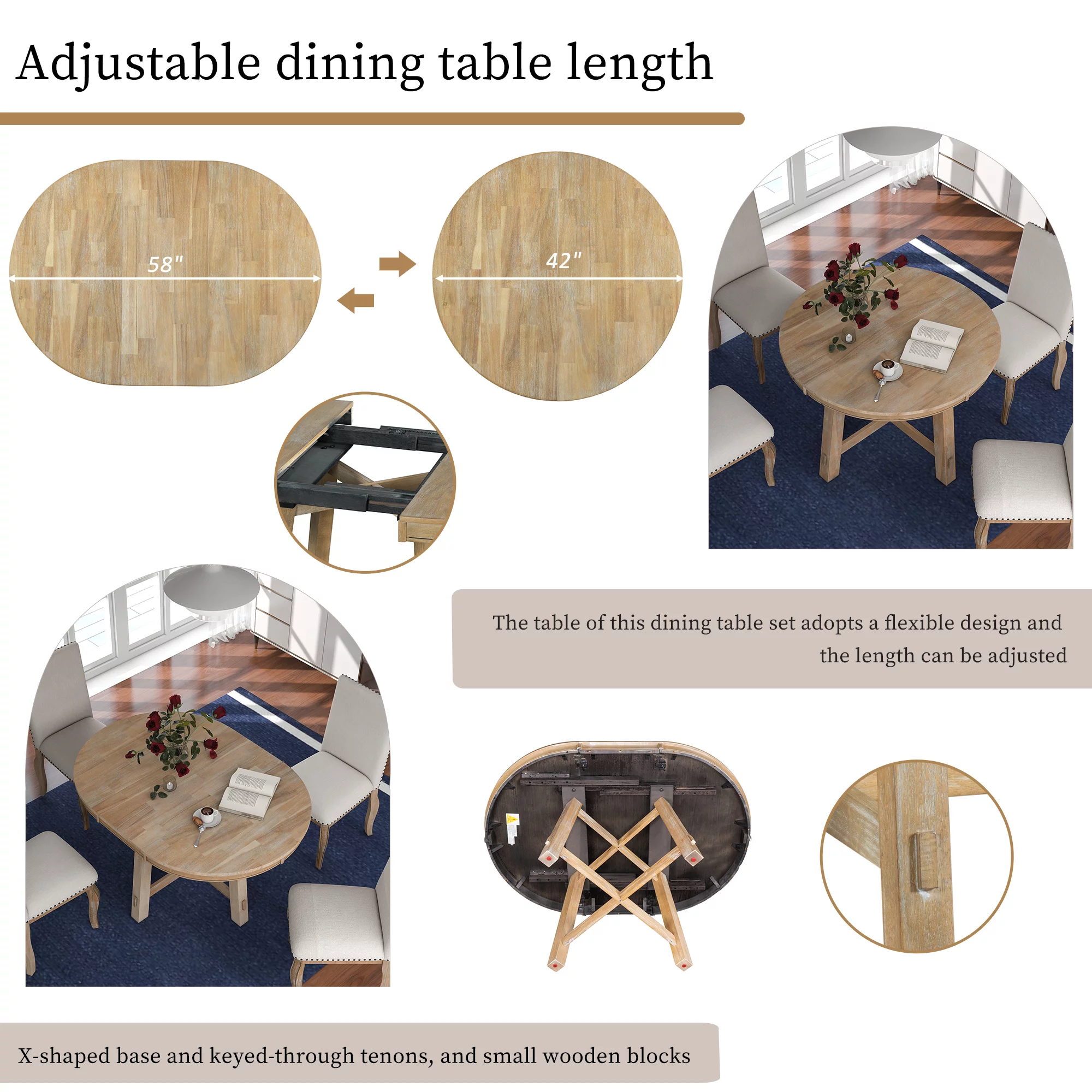 MAICOSY Farmhouse Round Extendable Dining Table 16" (Natural Wood Wash)
