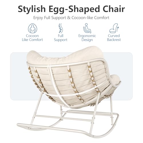 SWITTE Papasan Rocking Chair Outdoor Indoor, Oversized Egg Wicker Rocker with Cushion, Supports 450 lbs, Patio Chair for Balcony or Living Room - Gray