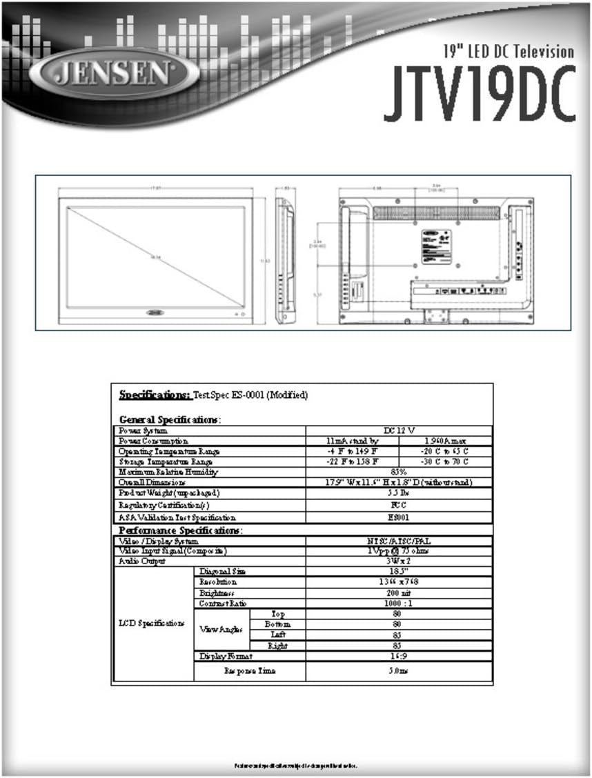 Jensen JTV19DC HD Ready 19 Inch 12V DC RV LED TV with Integrated HDTV (ATSC) Tuner, HD Ready (1080p, 720p, 480p), 1366 x 768 Full HD, Dual Function Wireless Remote Control, Black