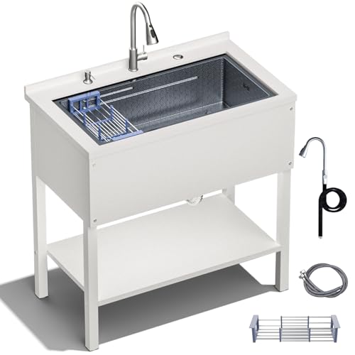 Stainless Steel Utility Sink,24" FreeStanding Laundry&Utility Room Sinks with Cold and Hot Water Faucet,Hoses and Drain Kit Commercial Single Bowl,Laundry Sink for Kitchens, Garage (24x18x36 Black)