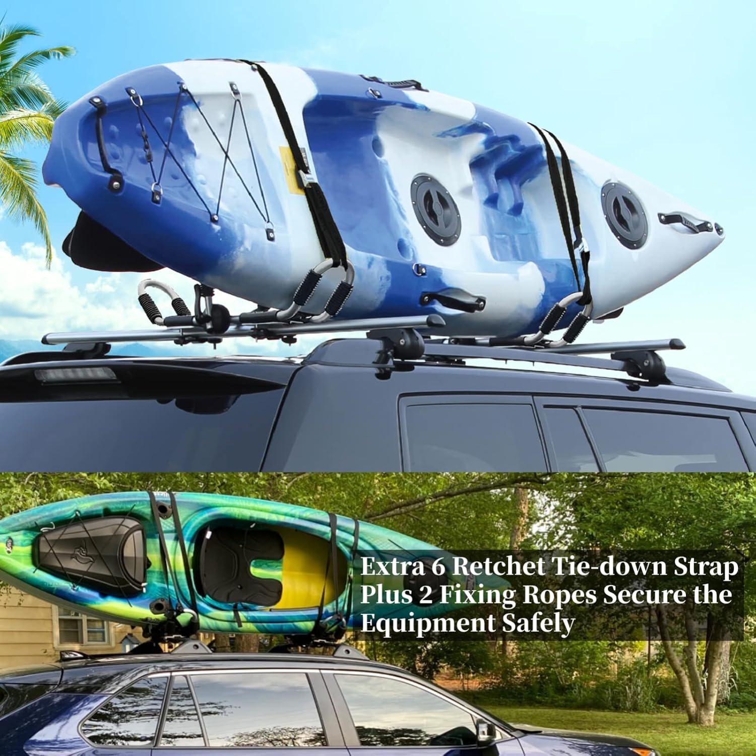 Bilateral Kayak Roof Rack 4-in-1 Car Roof Carrier Rack, Folding J Bar for 2 Kayaks, Canoe, Surfboard, SUP on Rooftop Mount on SUV, Car and Truck Crossbar