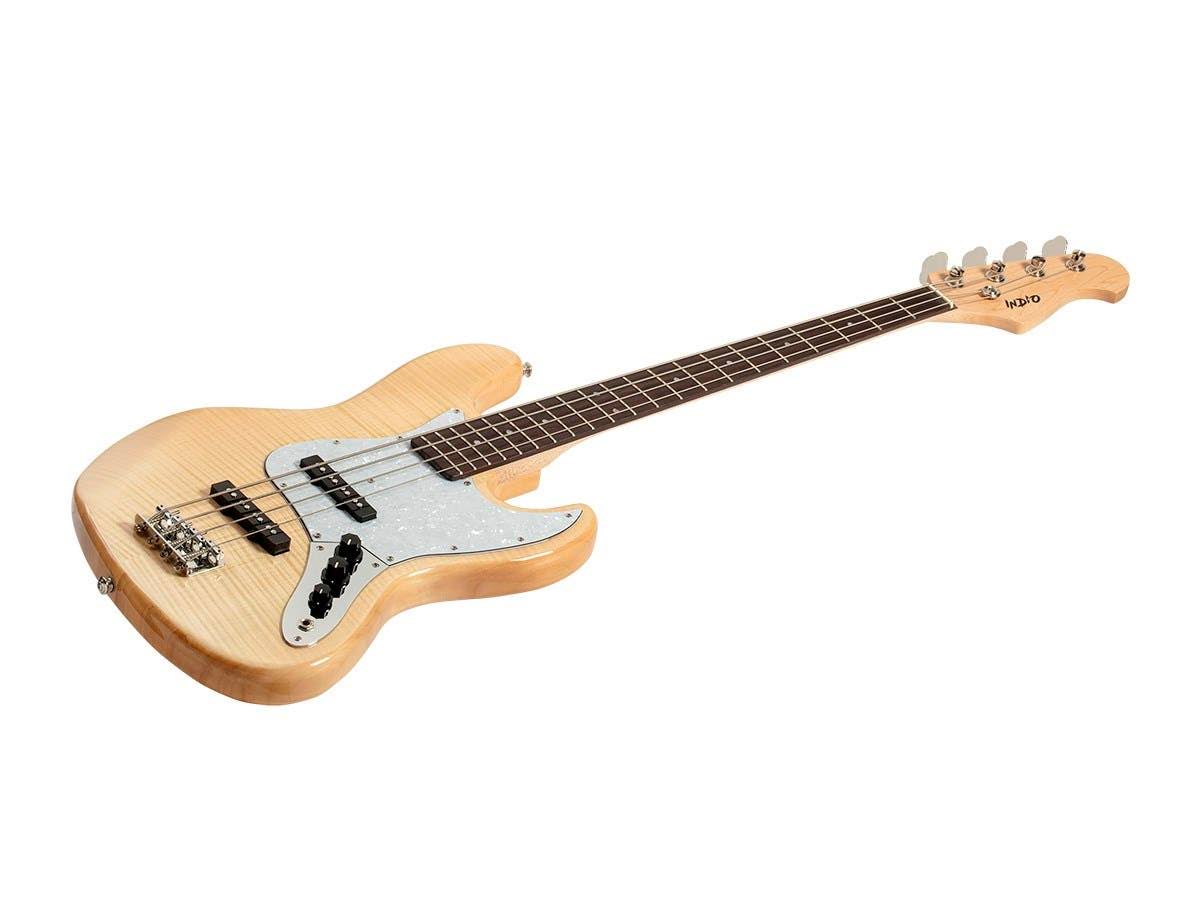 Monoprice Electric Bass - Natural with Gig Bag, Flamed Maple - Indio Jamm