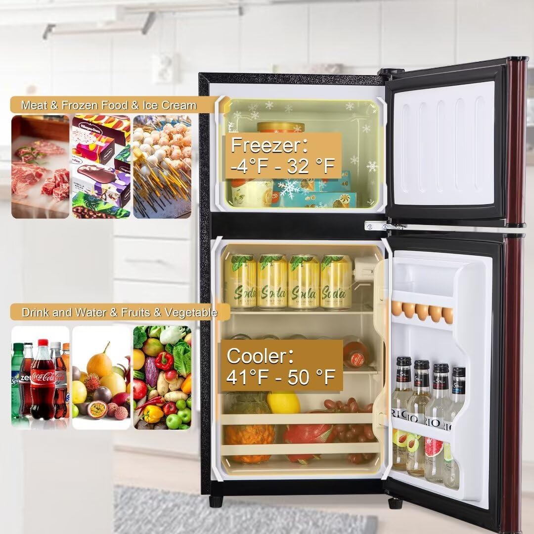 Compact Refrigerator, 3.3 Cu.Ft Apartment Size Refrigerator with Freezer, Small Fridge with Level Adjustable Thermostat Control Perfect for Kitchen, Wood