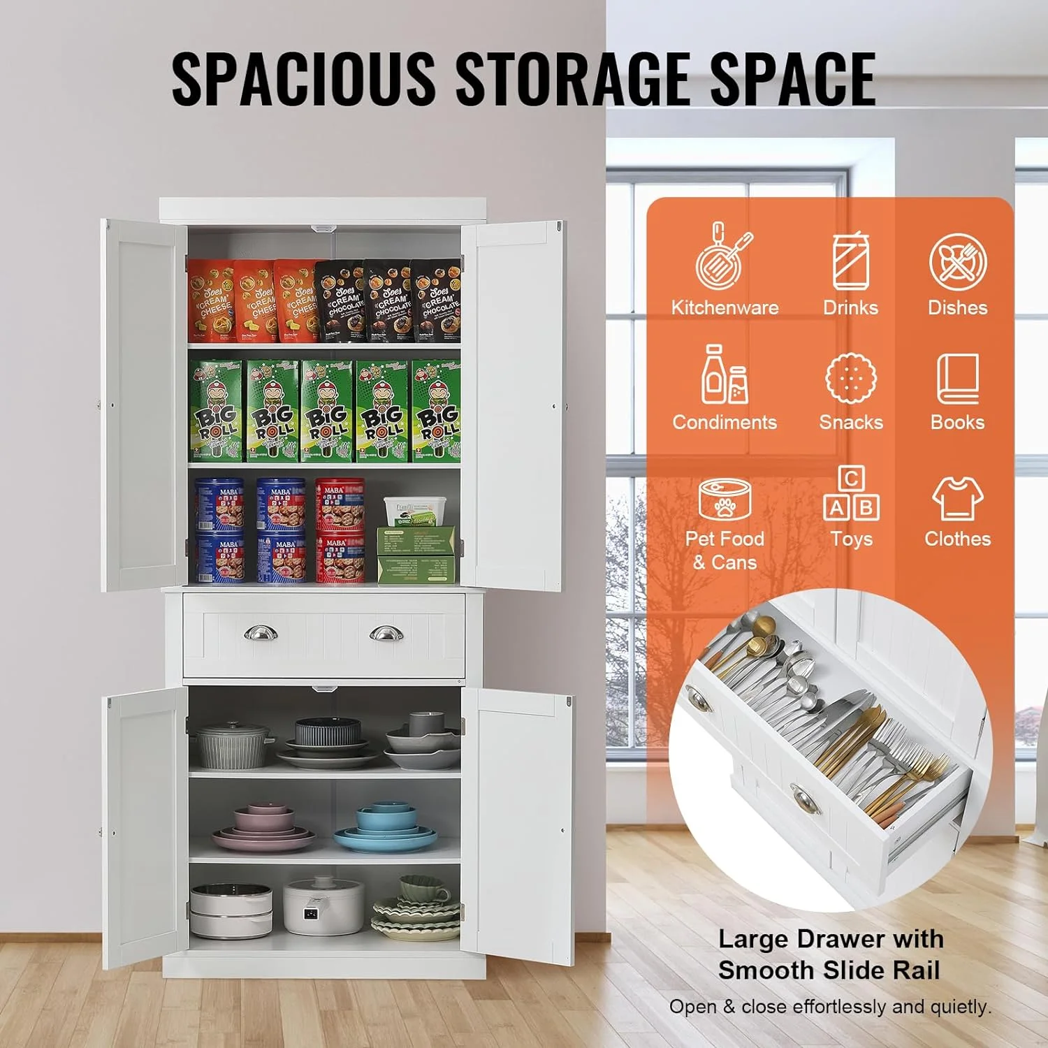 TJUNBOLIFE 72"  Freestanding Utility Cabinets with Doors  Drawer and 3 Adjustable Shelves  Tall Food Buffet Pantries for Kitchen  Living  Dinning Room  Laundry  Pearl White