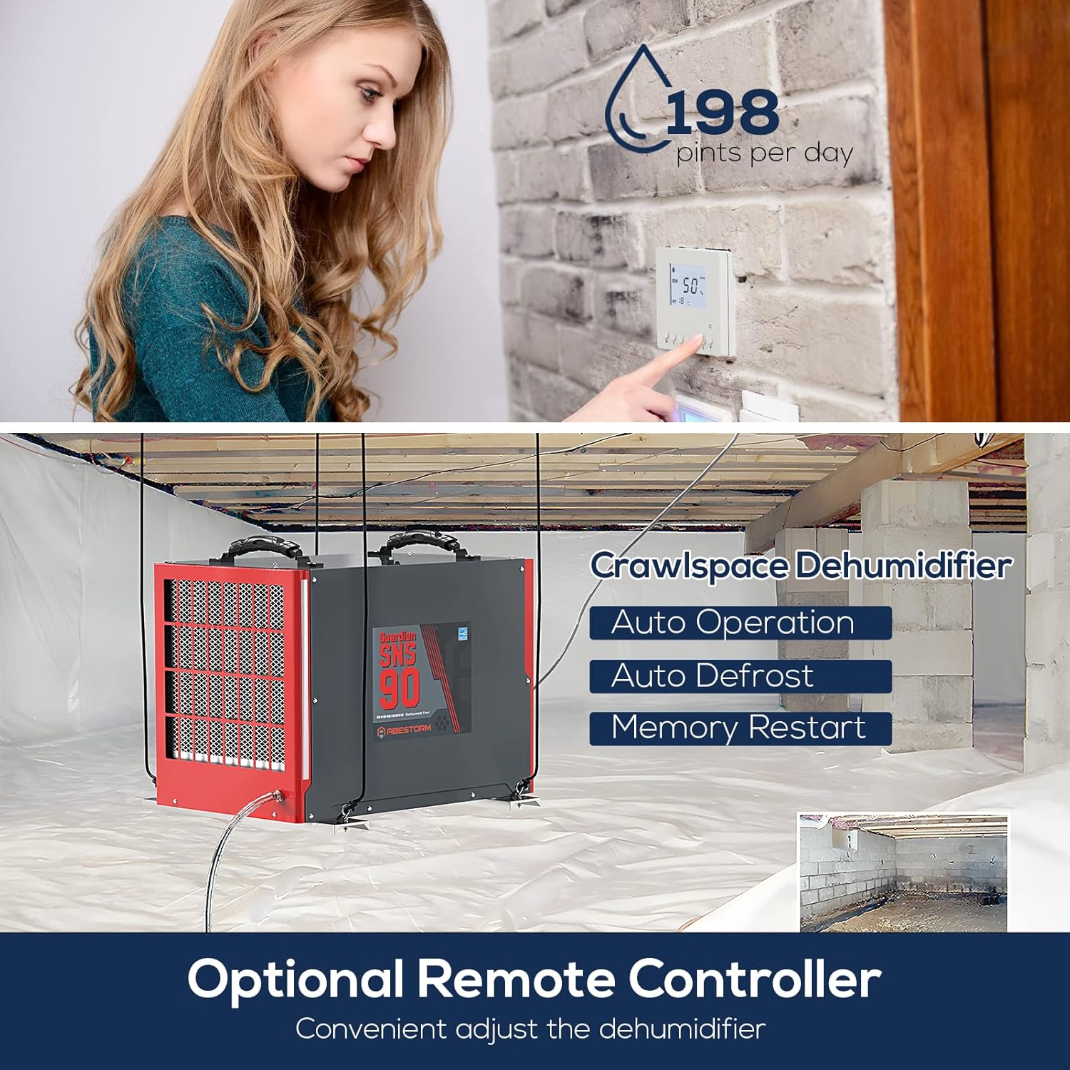 Abestorm Crawl Space Dehumidifier 198 PPD Commercial Dehumidifier with Pump and Dehumidifier Drain Hose for Basement Industrial Whole House Dehumidifier, Energy Star, Optional Remote Monitoring