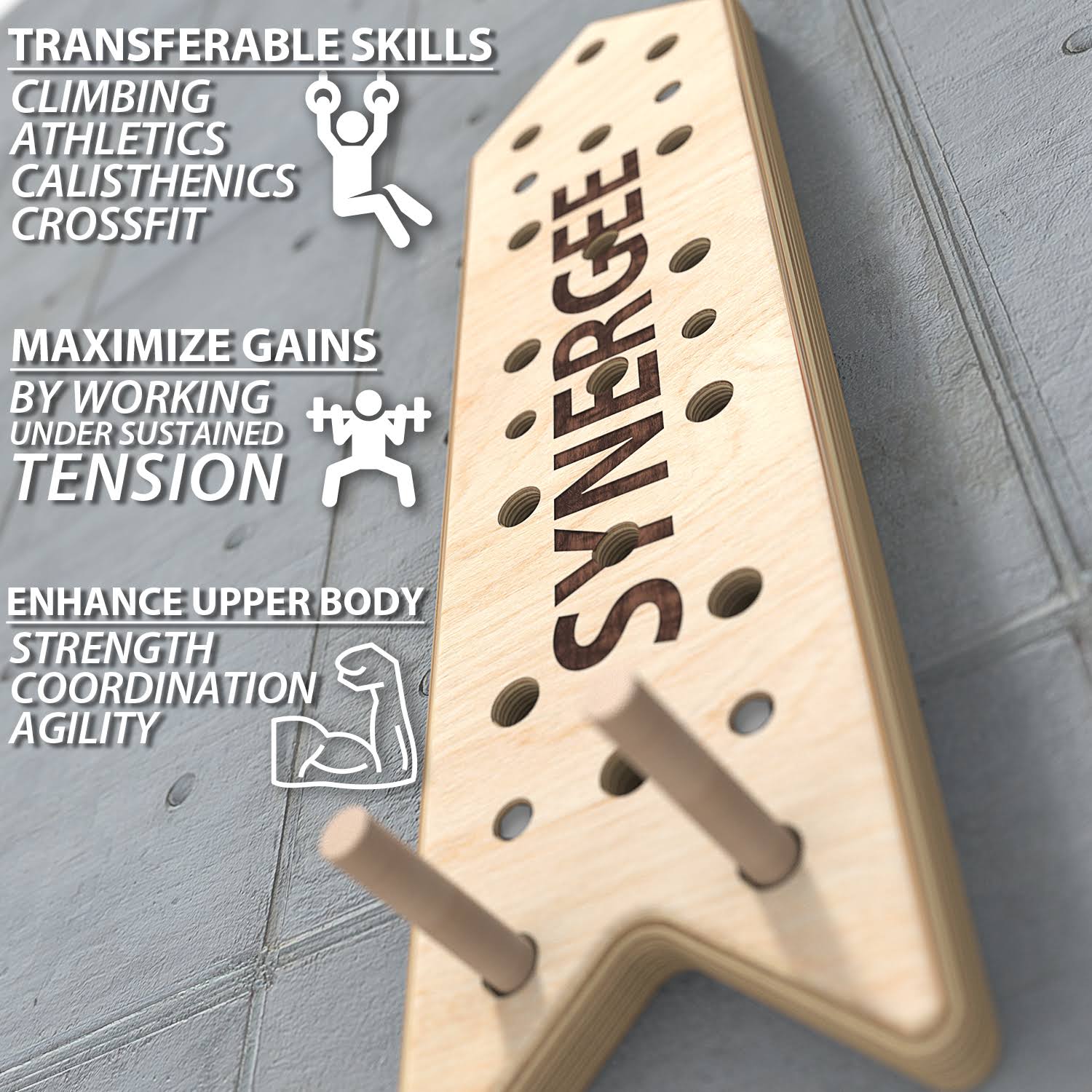 Synergee Peg Board 4ft and 8ft Climbing Pegboard for Pull Up, Rock Climbing, Parkour, and Fitness. Includes 2 or 4 Pegs.