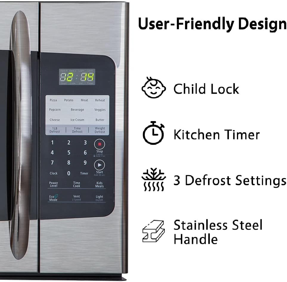 1.6 Cu.Ft. Over the Range Microwave 30 Inch with Vent, Rangetop Microwave with Sensor Cook, ECO Mode, LED Lighting and Child Lock, Smudge-Proof Stainless Steel