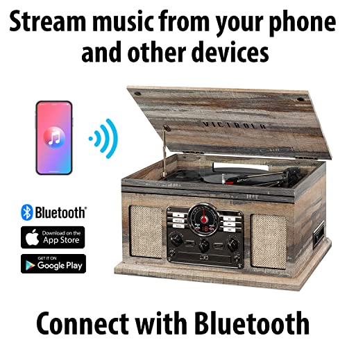 Victrola Nostalgic Classic Wood 6-in-1 Bluetooth Turntable Entertainment Center, Mahogany Bundle with Victrola Wooden Stand for Wooden Music Centers with Record Holder Shelf