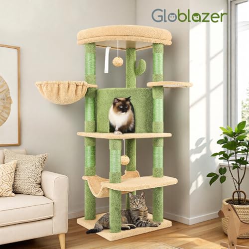 Globlazer Corner Cat Tree for Large Cats, 66inch Tall Curved Series Large Cat Tower for Multiple Indoor Cats with 6 Scratching Posts, 2 Spacious Cat Condos, Hammock, Hanging Basket, C66, Beige