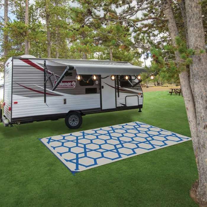 Camping World Reversible RV Patio Mat, Geometric Design in Blue
