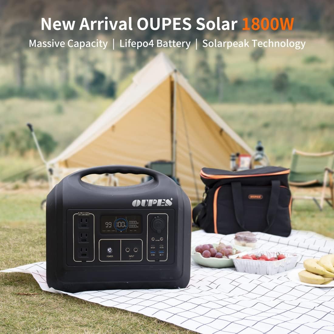 OUPES Solar Generator 1800W/1488Wh w/ 2 X 100W Foldable Solar Panel, Portable Power Station (Peak 4000W) 10 AC Outputs, LiFePO4 Battery w/ 3x 110V AC Outlets for Outdoors Adventure Travel Camping RV Emergency