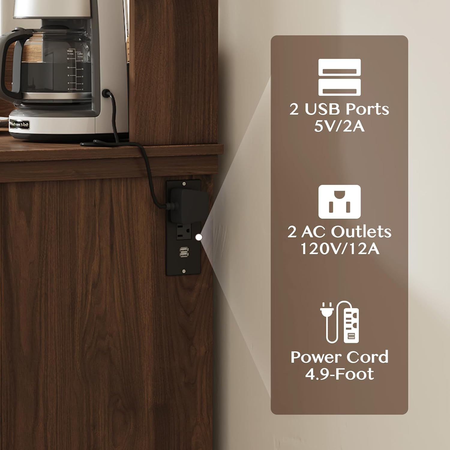 Coffee Bar Cabinet with Storage,Farmhouse Coffee Bar Table with Charging Station,Coffee Buffet Cabinet with 6 Hooks & Adjustable Shelf,Corner Coffee Bar Hutch for Living Dining Room,Kitchen,Walnut