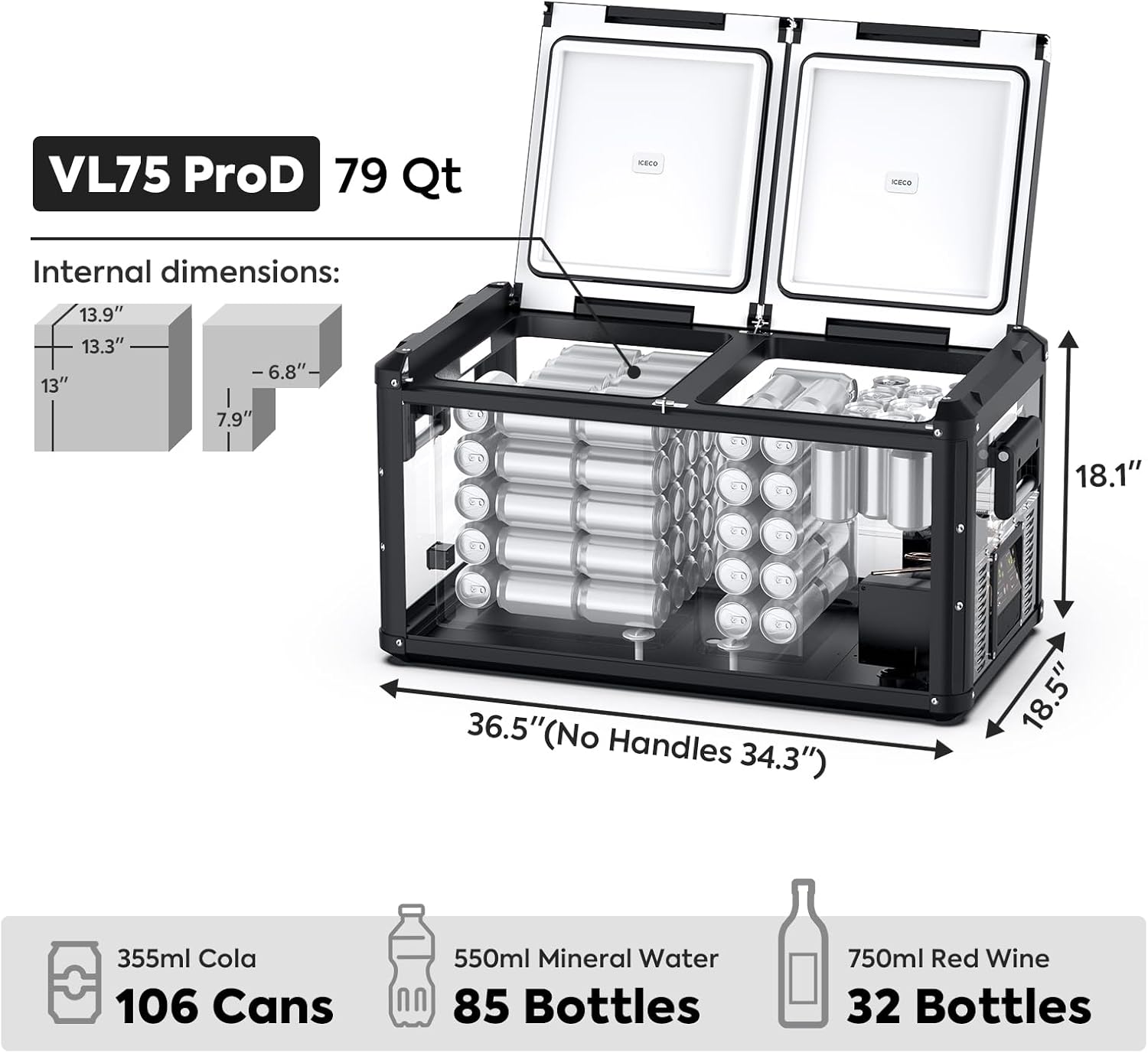 ICECO VL75 Pro 79.2 Quarts Dual Zone Portable Refrigerator with SECOP Compressor, Multi-directional Lid, Dual USB & DC 12/24V, AC 110-240V | Compact Refrigerator | For Car&Home | With Cover