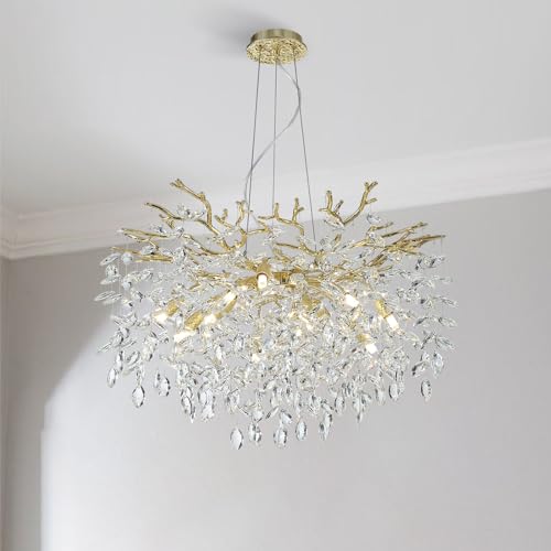 Modern K9 Crystal Chandelier Lighting Gold Luxury Tree Branch Chandelier Pendant Round Ceiling Light Fixtures for Dining Room,Bedroom,Living Room (Gold-D30IN)
