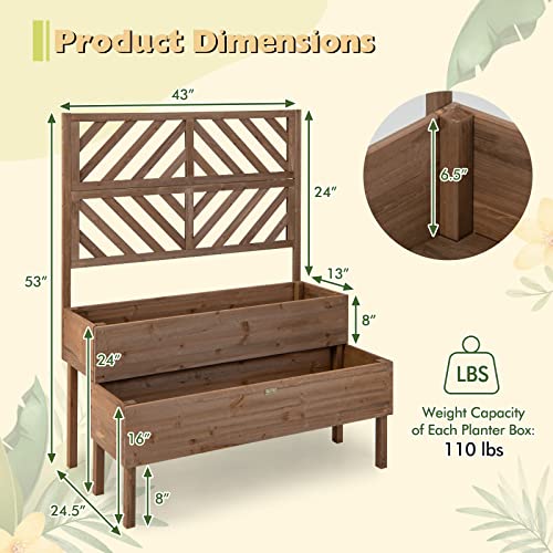 Giantex Raised Garden Bed with Trellis, 2-Tier Wooden Planter Box with Legs and Drain Holes, Garden Trellis for Vine Fruit Vegetable Flower Herb, Outdoor Elevated Garden Bed (Brown)