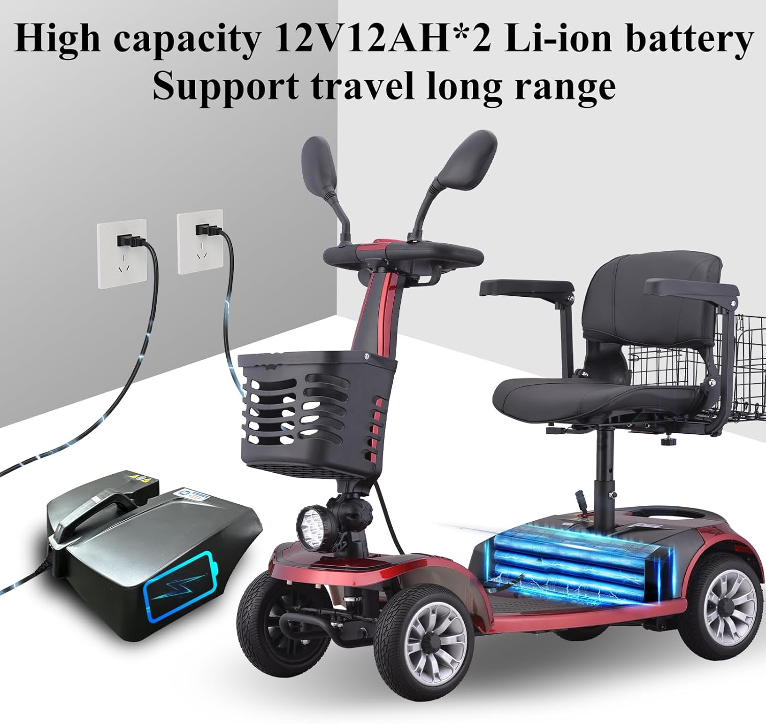 4 Wheel Powered Mobility Scooters, Mobility Scooters for Seniors, Folding Electric Wheelchairs for Adults Collapsible and Compact Duty Travel Scooter with Dual Battery and Basket(Red)