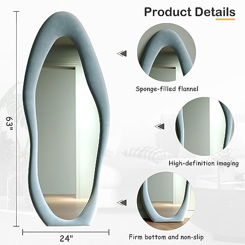Honyee Full Length Mirror, 63" x 24" Wall Mirror, Flannel Wrapped Wooden Frame Floor Mirror, Irregular Wavy Mirror Hanging or Leaning Against Wall for Cloakroom/Bedroom/Living Room, Milk Tea