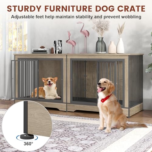 86 Inch Double Dog Crate Furniture with Divider, 4 Combination Forms Large Dog Kennel Furniture for 2 Dogs, Rustic Brown Corner Dog Kennel for Small Medium Large Dogs