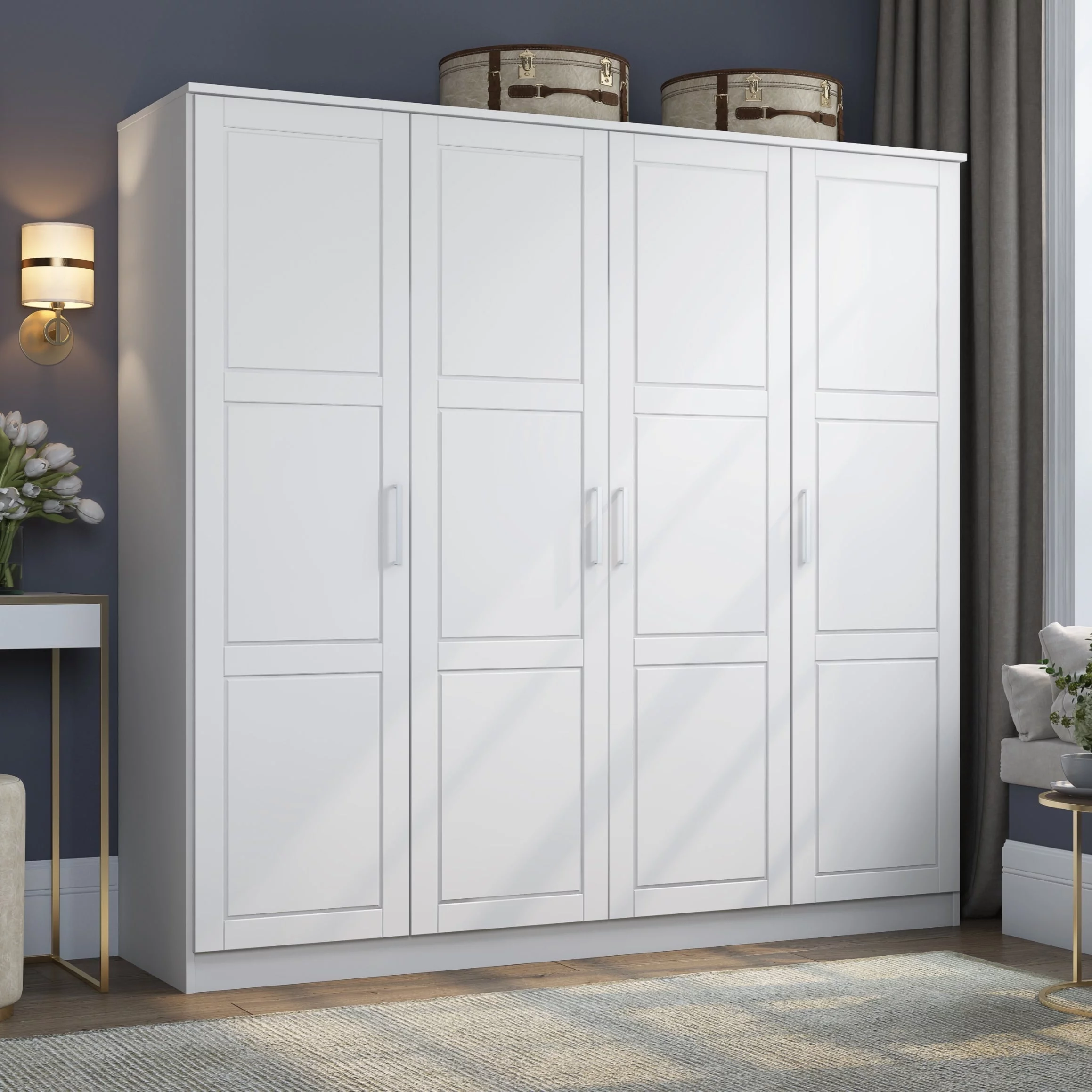 Palace Imports, Inc. 100% Solid Wood Cosmo 4-Door Wardrobe with Solid Wood or Mirrored Doors Black