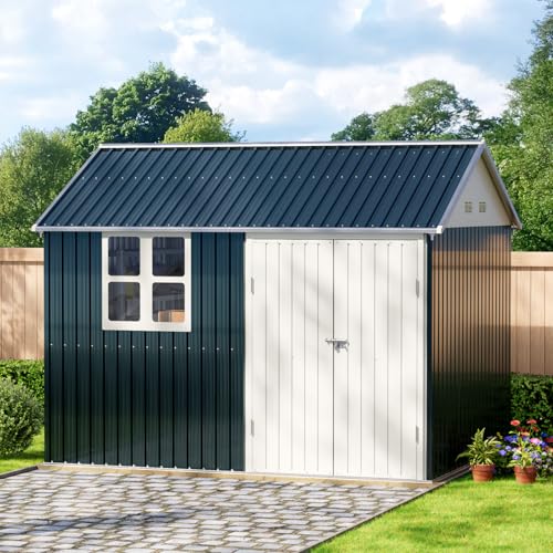 10X12X7.5 FT Outdoor Steel Storage Shed with Lockable Doors, 2 Windows, Transparent Roof Panels (Wood Panels & Frame Floor Not Included), Ideal for Patio Storage,Garbage Can, Chicken Coop，Brown