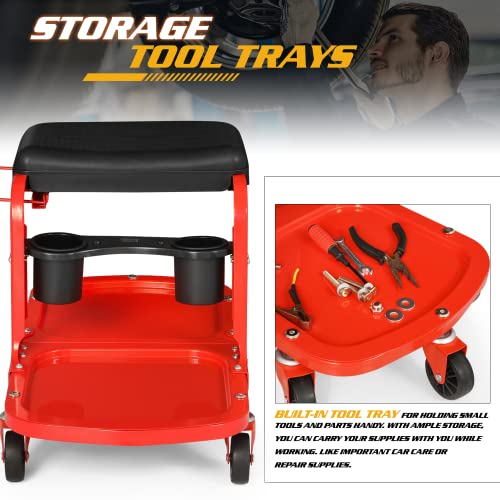 Magshion Garage Mechanic Creeper Seat with Tool Tray/Rack and Can Holder, Durable Mechanics Stool on Wheels 350 lbs Capacity Rolling Creeper Garage/Shop Seat, Black