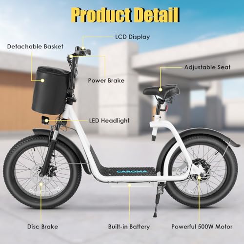Caroma Peak 819W Adult Electric Scooters, 500Wh Battery, 30 Miles Range, 20" Fat Tire, 20 MPH Top Speed, Off-Road E Scooter with Adjustable Seat&Detachable Basket, Foldable Ebike for Commuting