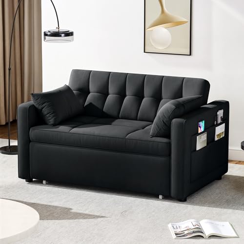 DWVO 55" Futon Couch, 3-in-1 Futon Sleeper with Pull-Out Bed, Convertible Sofa Bed with Adjustable Backrest and Side Pocket, Modern Loveseat Sleeper for Living Room, Grey Velvet, Full Size