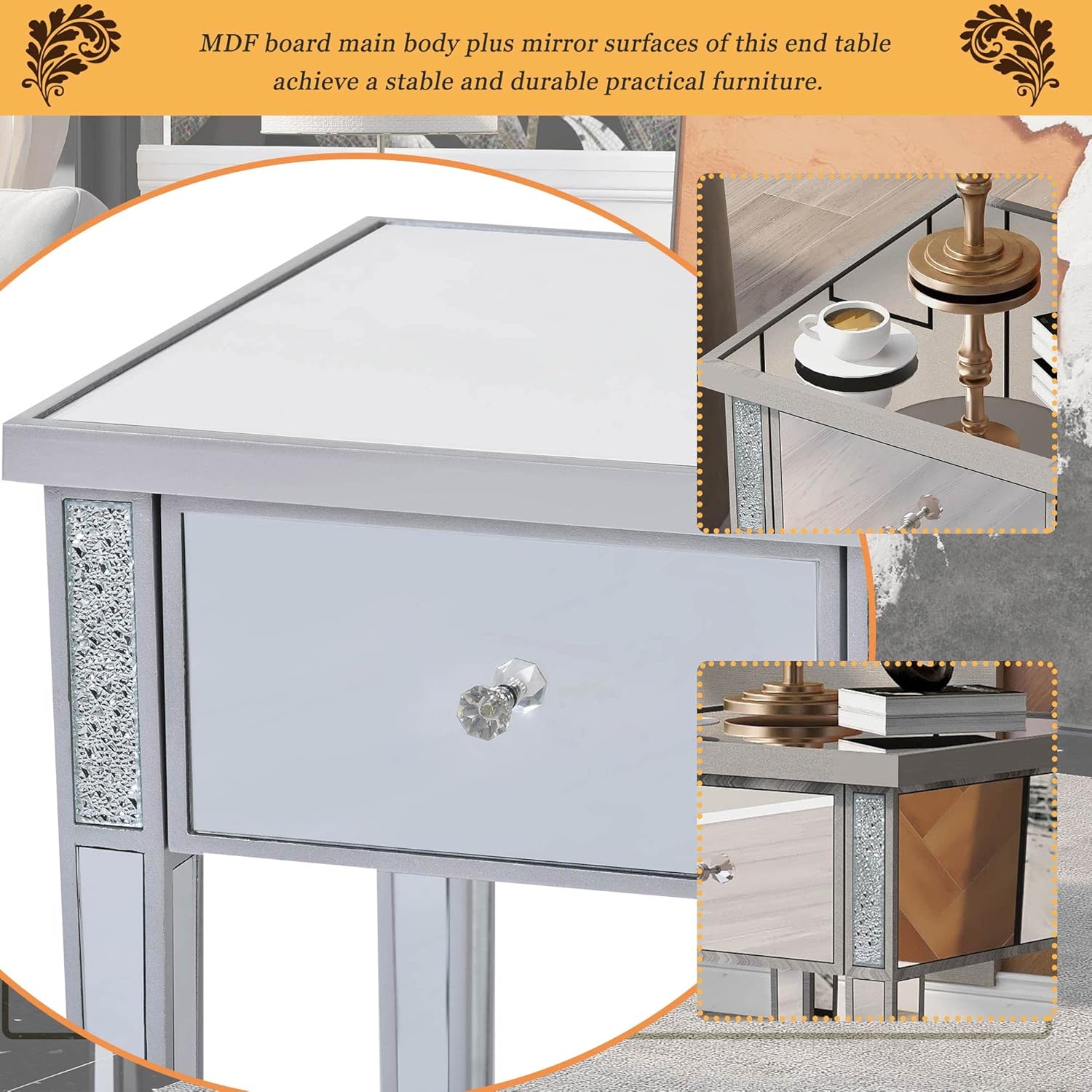 Modern Glass Mirrored End Table with Drawer, Corner Table with Crystal Handles and Adjustable Height Legs for Living Room, Silver