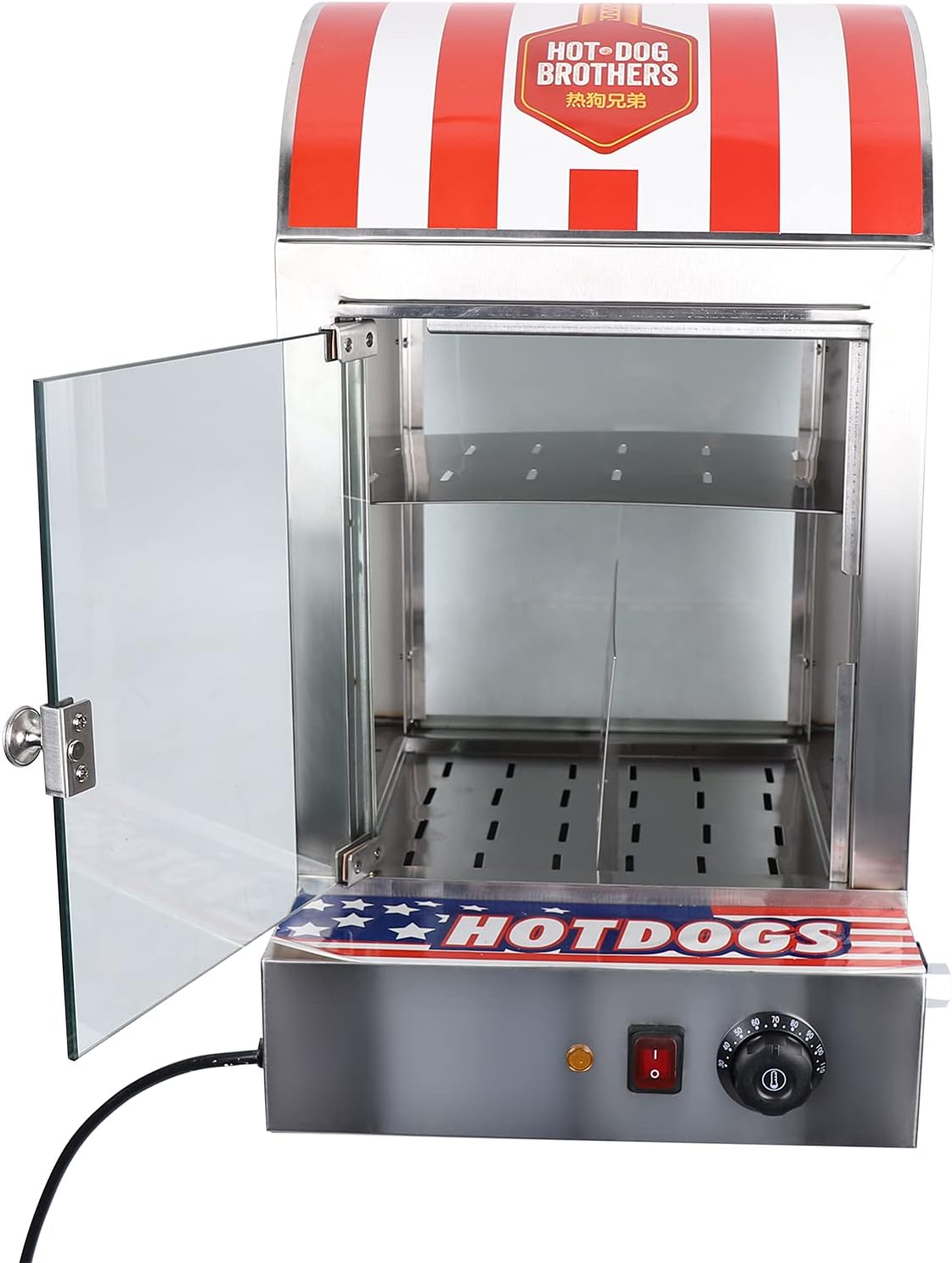 Hot Dog Steamer Machine, 110V 1500W 30-110℃/86-230℉ 2-Tier Commercial Top Load Hot Dog Hut Steamer, Stainless Steel Electric Bun Bread Sausage Warmer with Glass Windows and Partition Plate Shelves