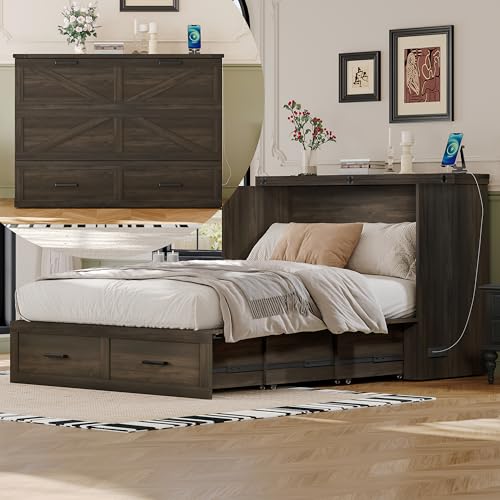 Wooden Murphy Cabinet Bed Frame with Charging Station, Full-Size Foldable Wall Bed with Large Storage Drawer for Home Apartment Limited Living Places, Space-Saving Hidden Bed No Box Spring Needed