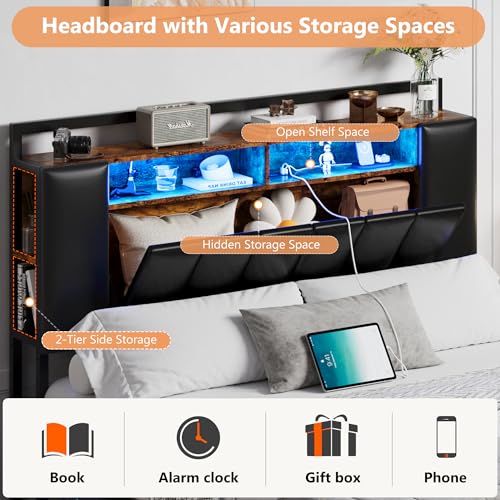 Alohappy Full Size Bed Frame with Storage Headboard & Charging Station, PU Leather Platform Bed Frame Full with LED Lights and Hidden Storage, Heavy Duty Metal Slats, No Box Spring Needed, Black