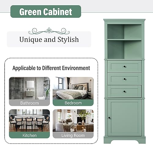Triangle Tall Corner Cabinet Drawers and Adjustable Shelves Tall Hutch Corner Bar Cabinet with Door for Kitchen Green