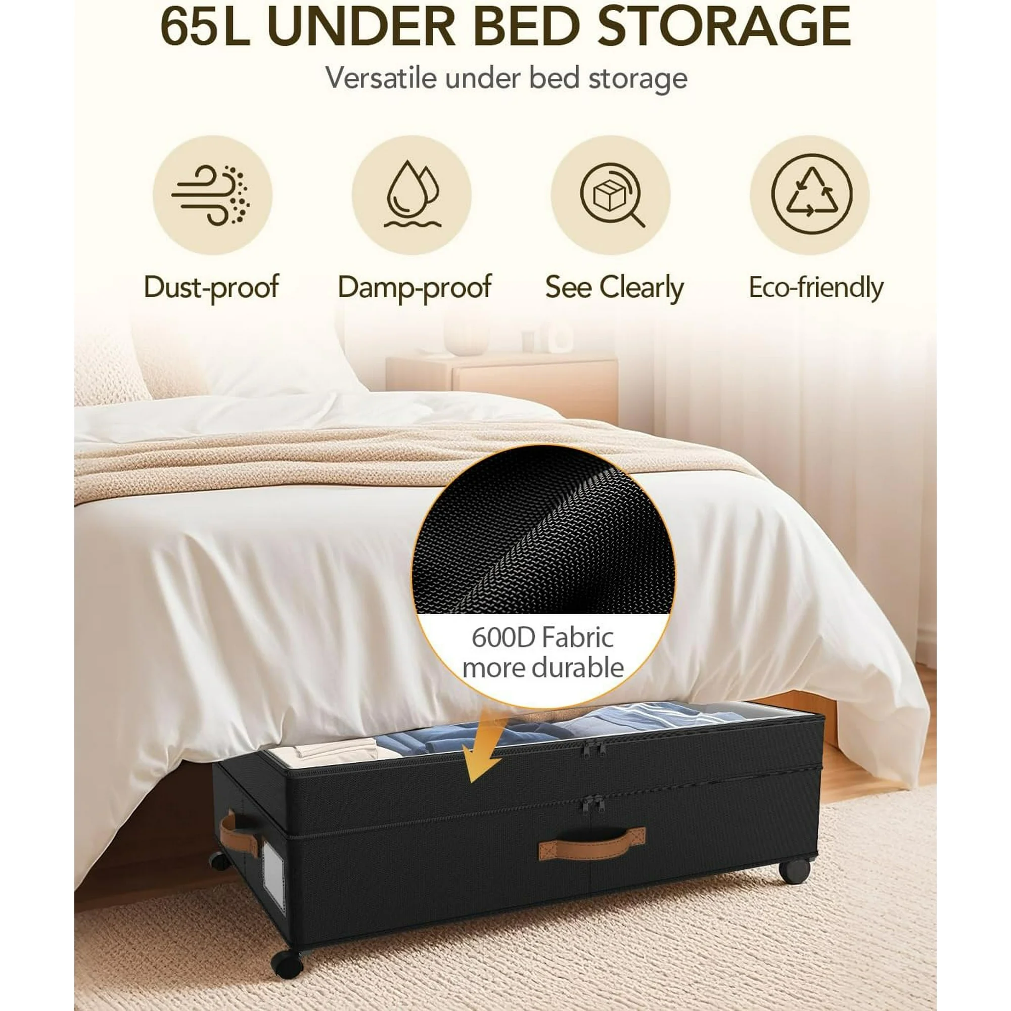 4 Pack Under Bed Storage with Wheels, Adjustable Height Storage Containers, 10 inches Large Capacity Rolling Underbed with Lids, Storage Drawers Shoes, Clothes, Blankets, Black