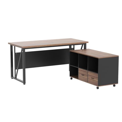 Tribesigns 63 inches Executive Desk and 47" lateral File Cabinet, L-Shaped Computer Desk Home Office Furniture Set with Drawers and Storage Shelves, Office Table with Cabinet (walnut+White, 63)