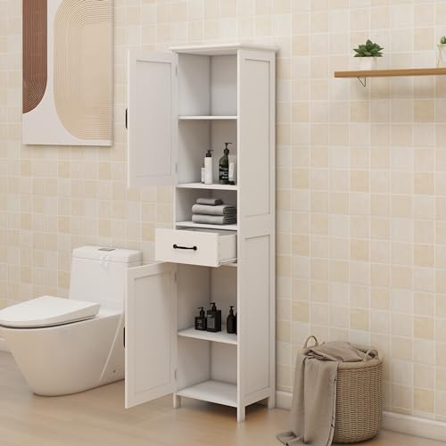 Double Door Narrow Height Slim Floor Standing Cabinet,Tall Bathroom Storage Cabinet with Open Shelves and one Drawer, Freestanding Cabinet,Bathroom Storage for Home, Kitchen, Living Room