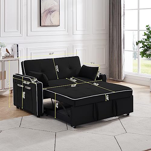 3 in 1 Convertible Sleeper Sofa Chair Bed with Adjustable Backrest USB Ports Cup Holder Side Pocket Pillow Velvet Folding Chaise Lounge for Apartment Living Room Guest Room Small Space Furniture Black