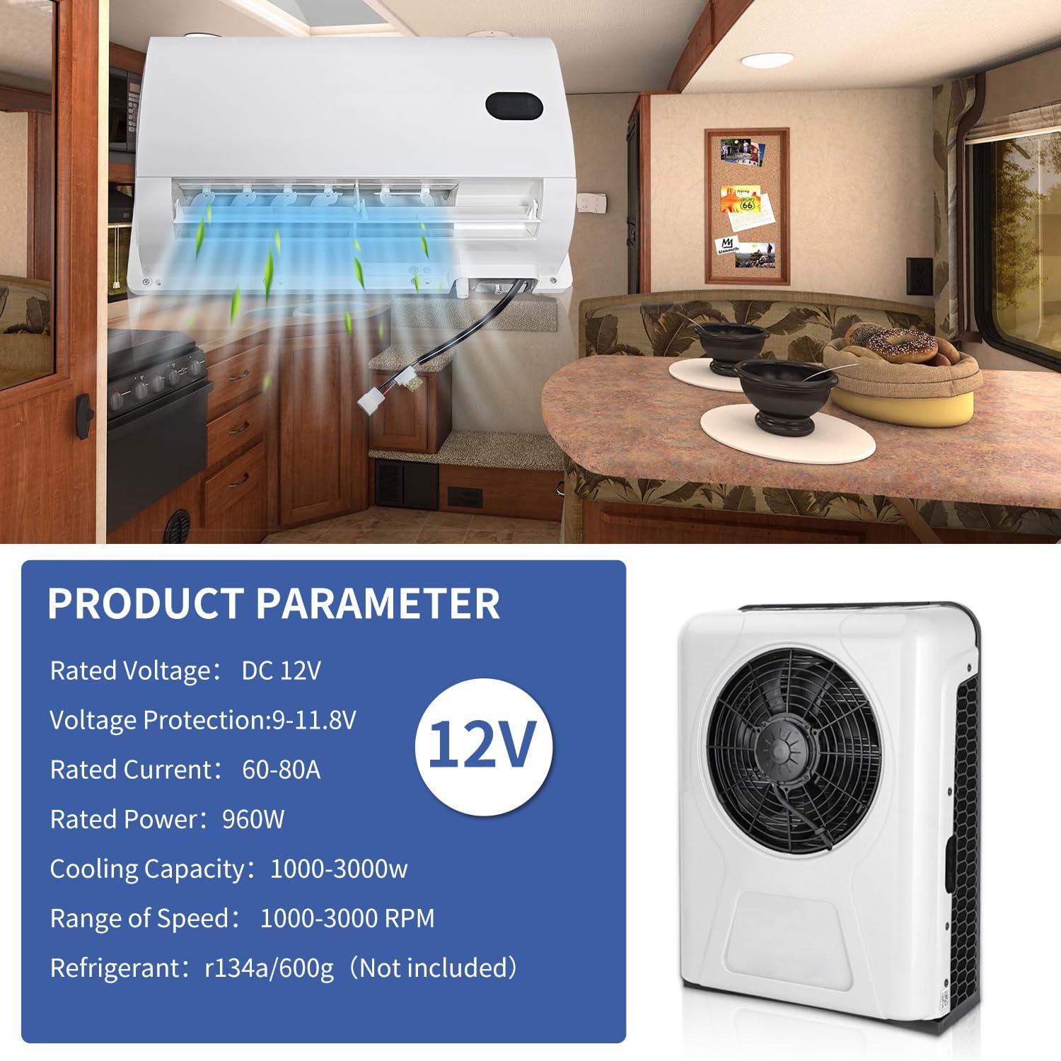 12V Truck Air Conditioner 10000BTU Split Electric AC Unit 12 volt Fit for RVs Motorhome Bus Trailers Tractors Camper Van Parking Air Conditioning Fast Cooling Low Noise