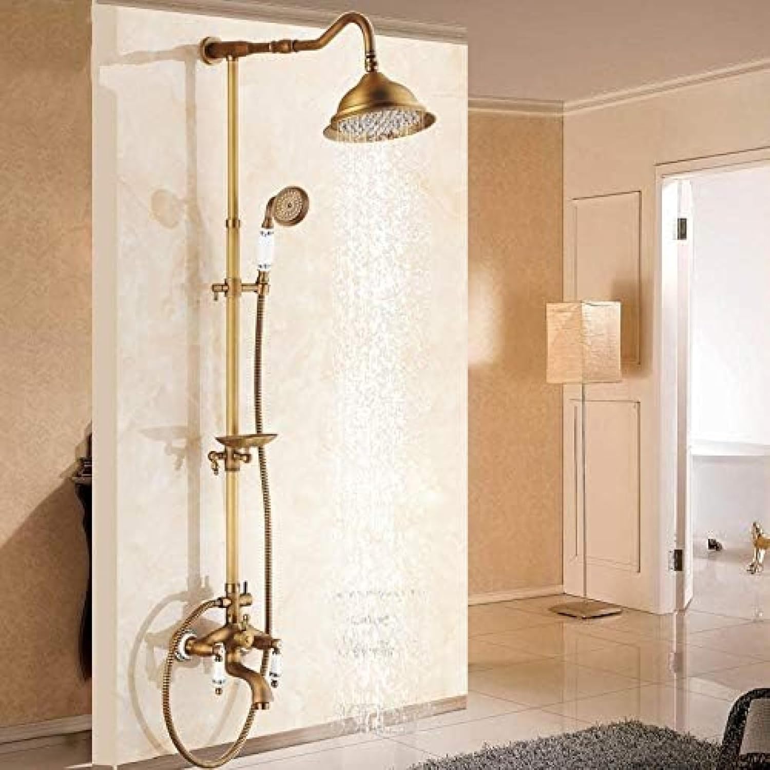 Shower System, Wall Mount Outdoor 8" Rain Shower Faucet Set Antique Brass Dual Handles Swivel Tub Spout Bath Shower Mixers + Soap Dish