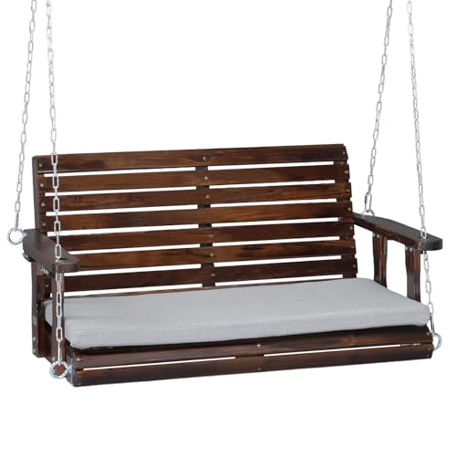 VINGLI Heavy Duty 880 LBS Patio Wooden Porch Swing Outdoor with Extra Cushion, Farmhouse Hanging Bench Tree Swing with Adjustable Chains for Yard | Garden | Lawn | Balcony (5 FT, Rustic)