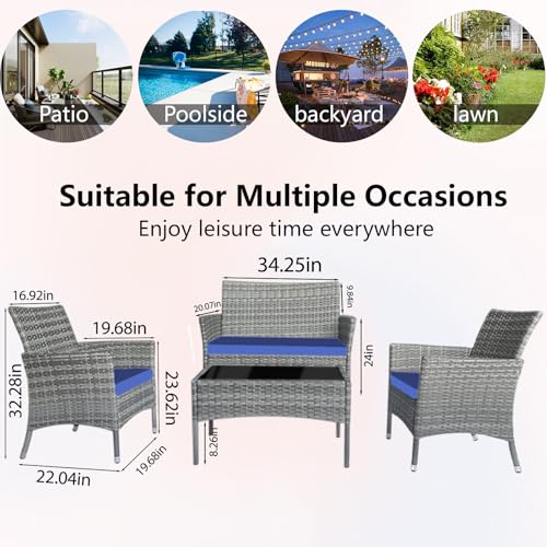 4 piece patio furniture set, Rattan Patio Furniture，Outdoor Wicker Conversation Set with Thick Cushion for Garden, Yard, Porch，Lawn Balcony or Backyard (Dark Coffee Rattan Beige Cushion)